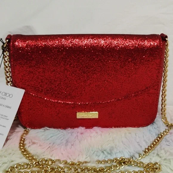 FLASH SALE! NWT Jimmy Choo Parfums Red Glitter Crossbody Bag Gold Chain Strap - Picture 2 of 12